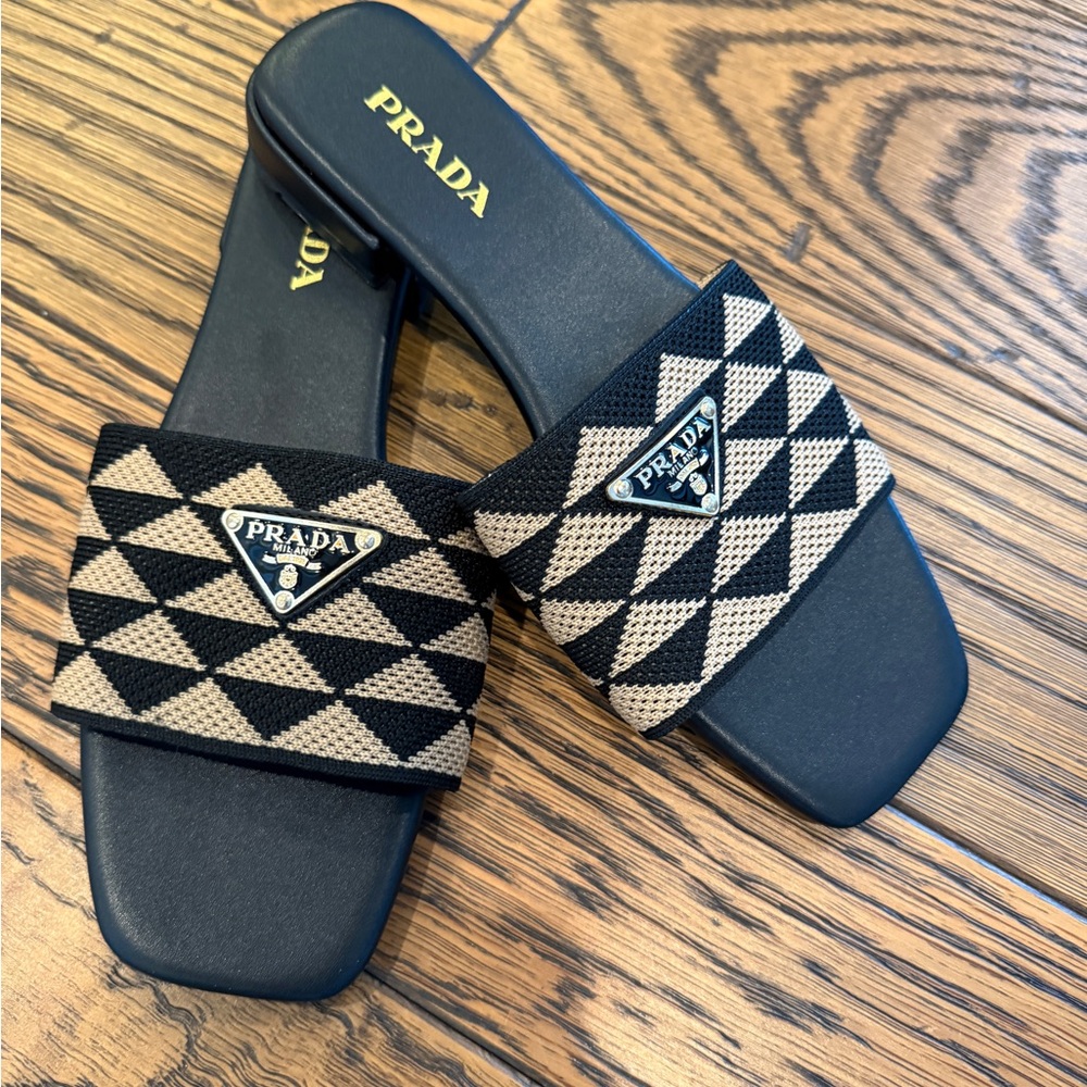 Prada Geometric Black and Tan Slides- NEW